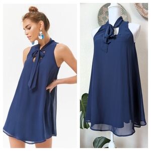 Forever 21 Blue Chiffon Trapeze Swing Dress Keyhole Tie String